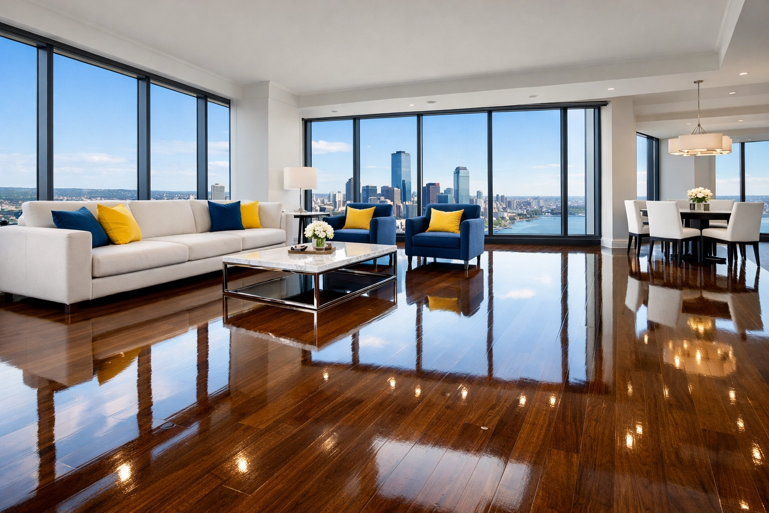 Gleaming hardwood floors showing the high standard of Apartment Cleaning Massachusetts and residential cleaning MA.
