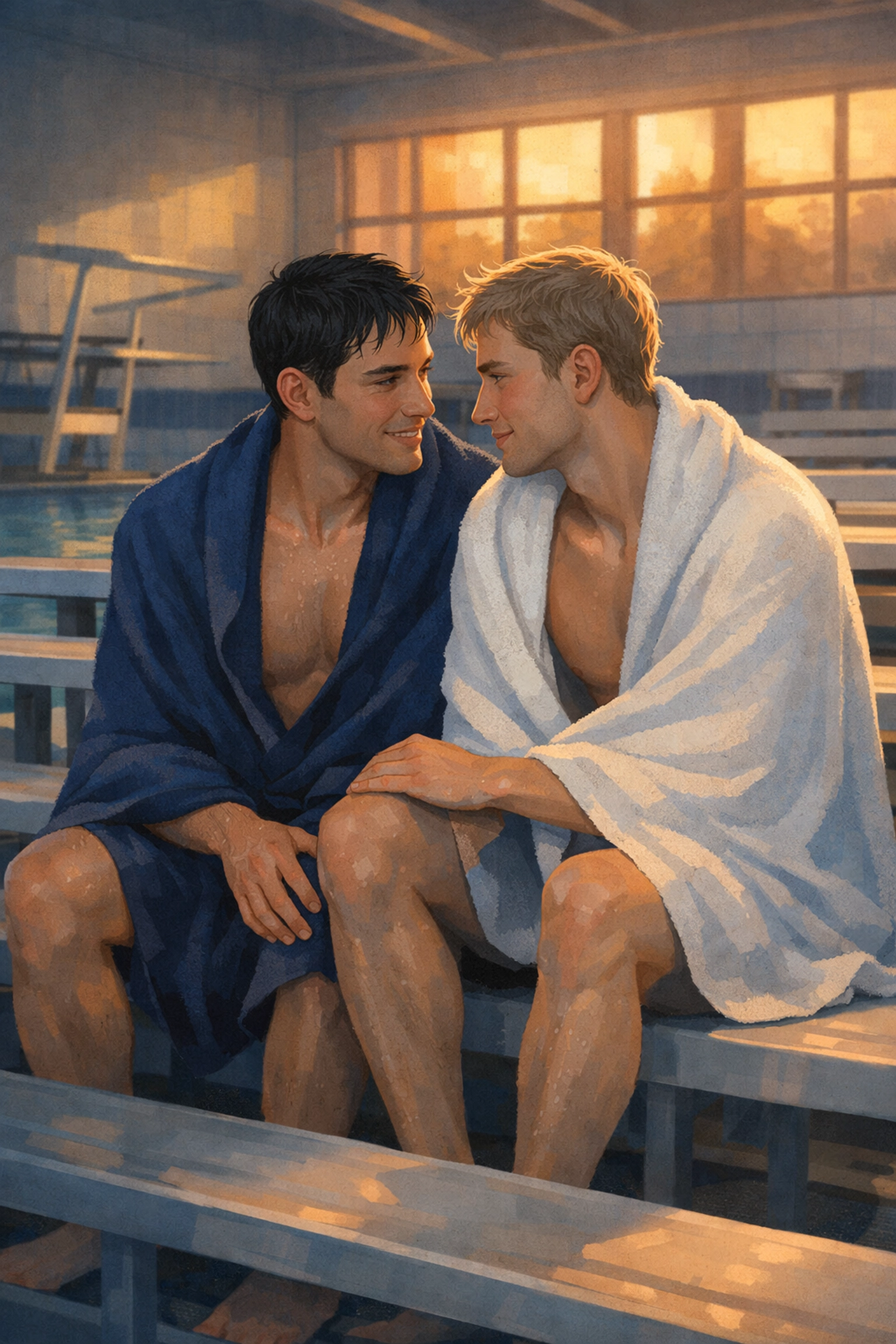 Two gay swimmers building friendship and connection after swim practice