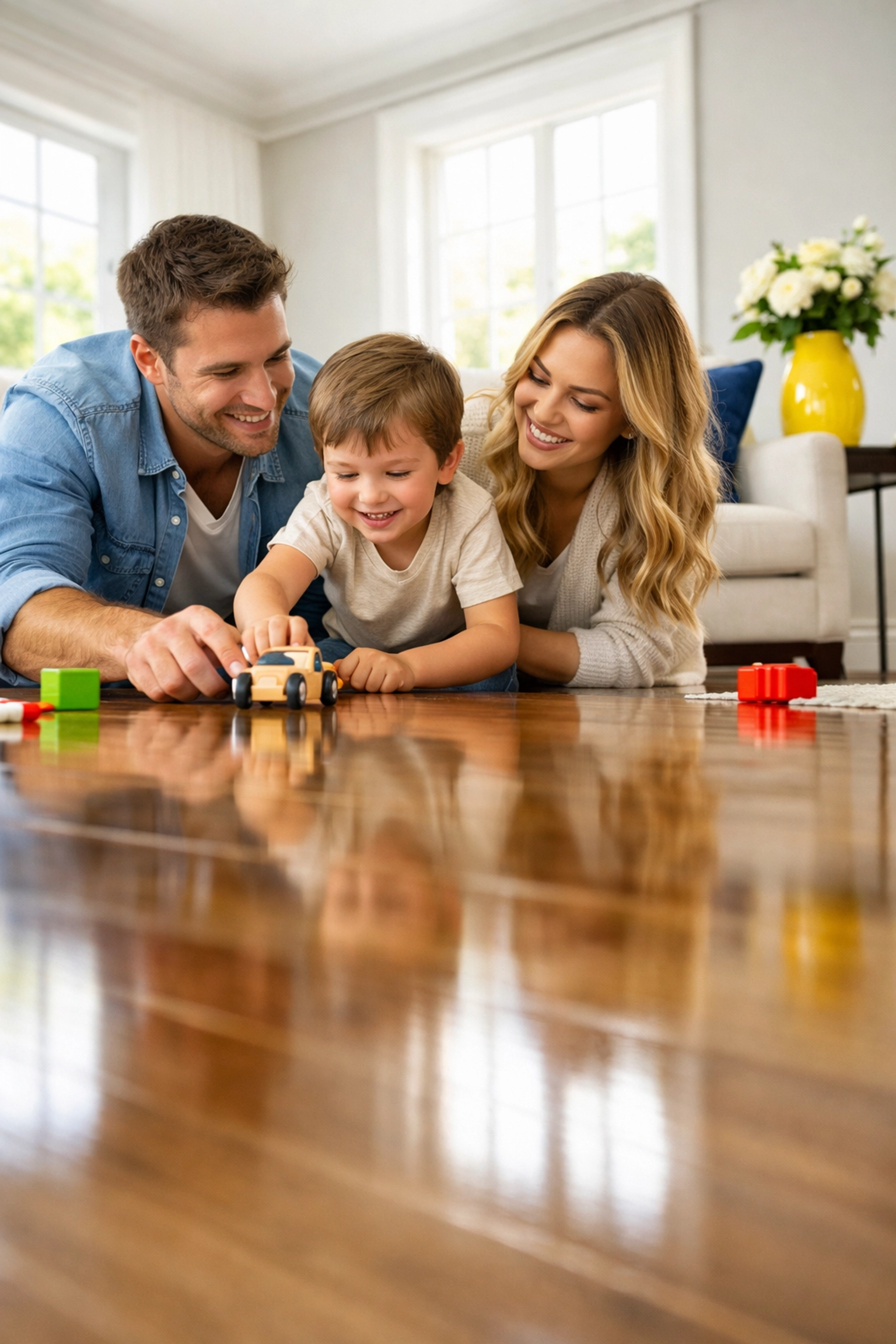 Family playing on a non-toxic hardwood floor after eco-friendly house cleaning Natick MA.