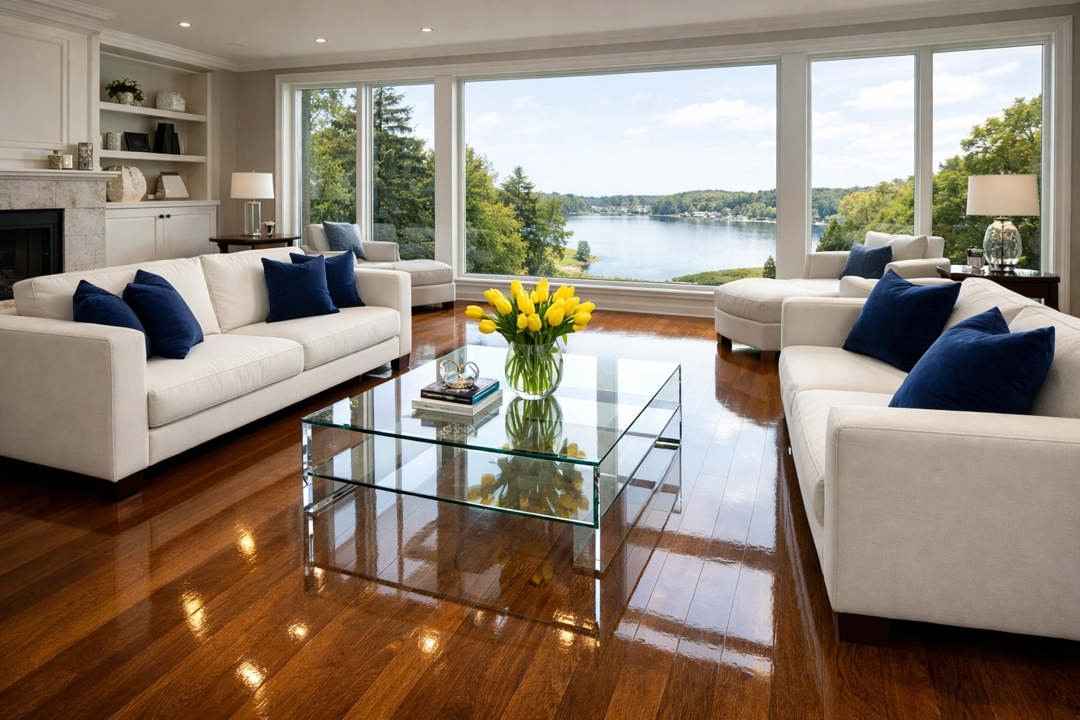 Spotless residential living room with streak-free floors, showcasing the results of House Cleaning Pepperell MA.