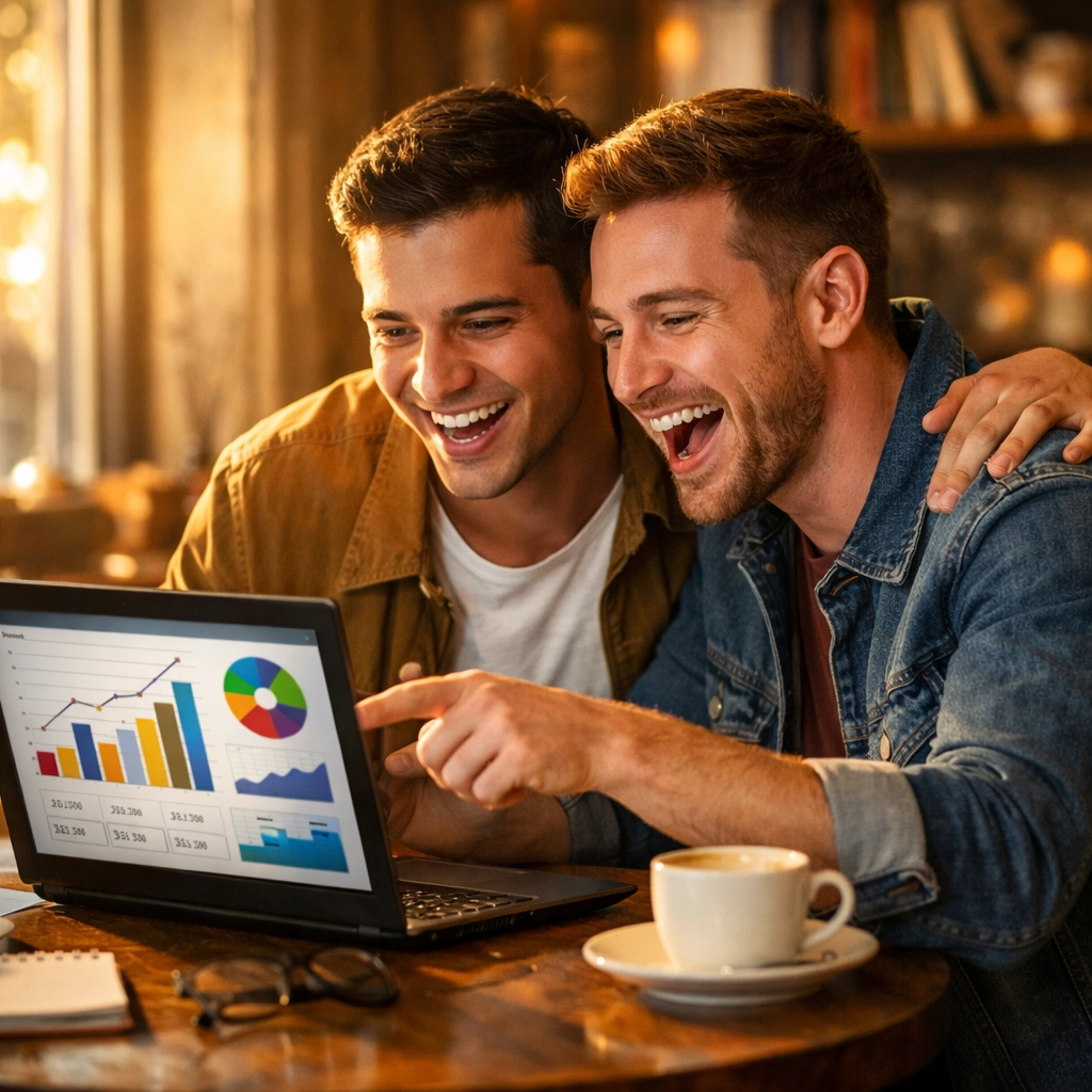 Gay authors reviewing real-time book sales analytics together