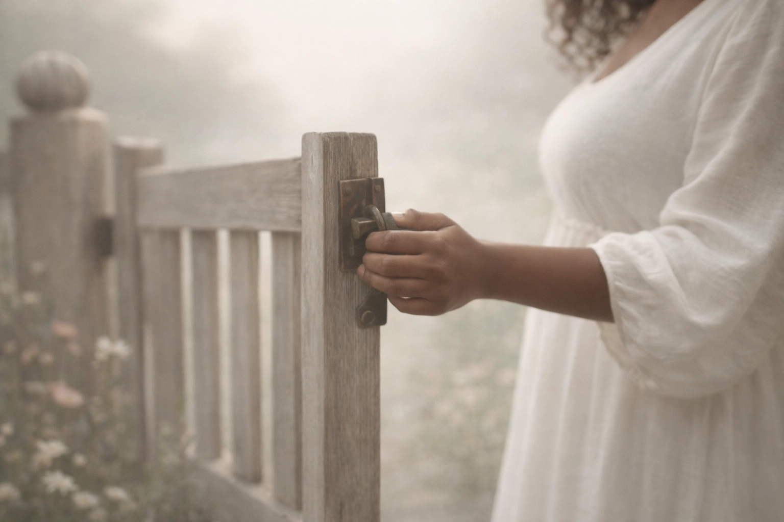 Faceless soulful photo of a hand on a gate latch, symbolizing boundaries as invitations