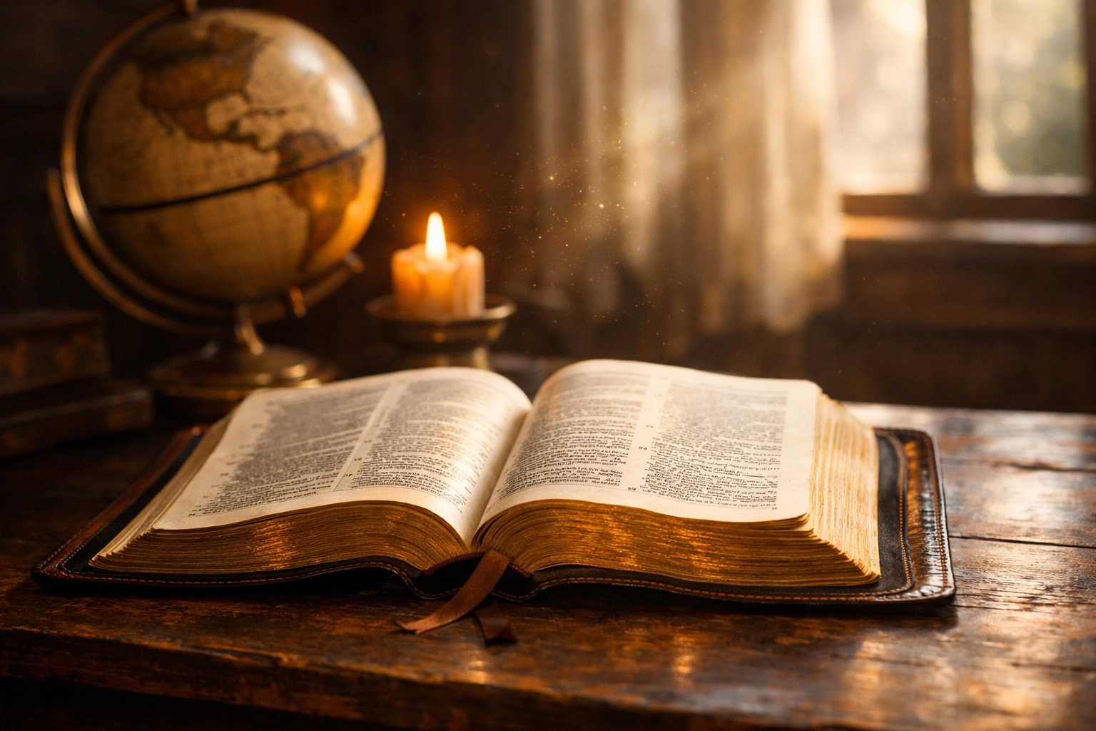 Open Bible and globe in warm light, reflecting a biblical perspective on world news and truth.