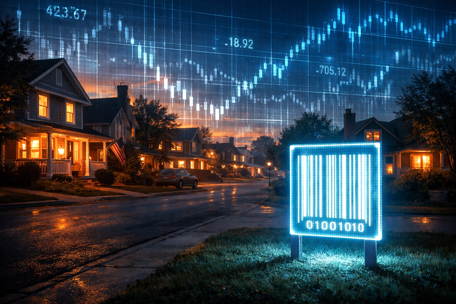 Digital financial grid overlaying suburban homes, symbolizing private equity housing acquisitions.