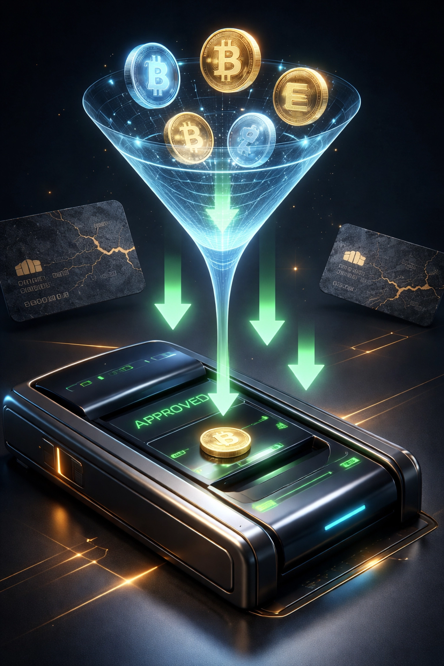 Digital payment terminal illustrating how Larecoin reduces merchant interchange fees with crypto savings.