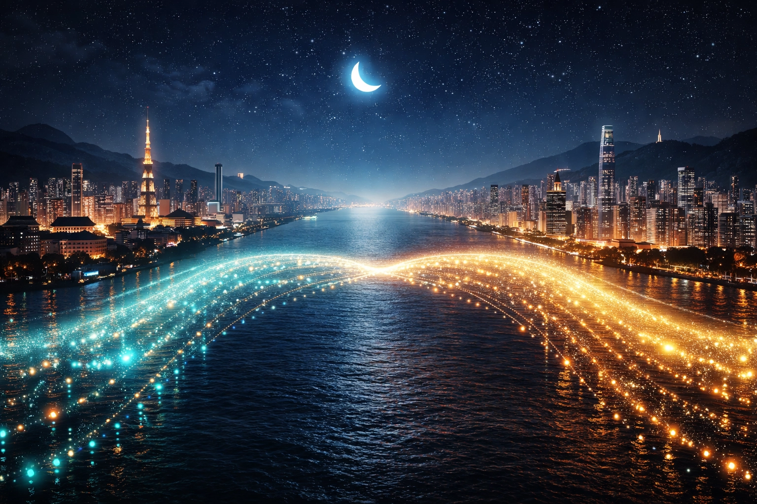 A digital bridge of light connects Asian and South American city skylines, symbolizing LUSD stablecoin’s fast cross-border crypto payments
