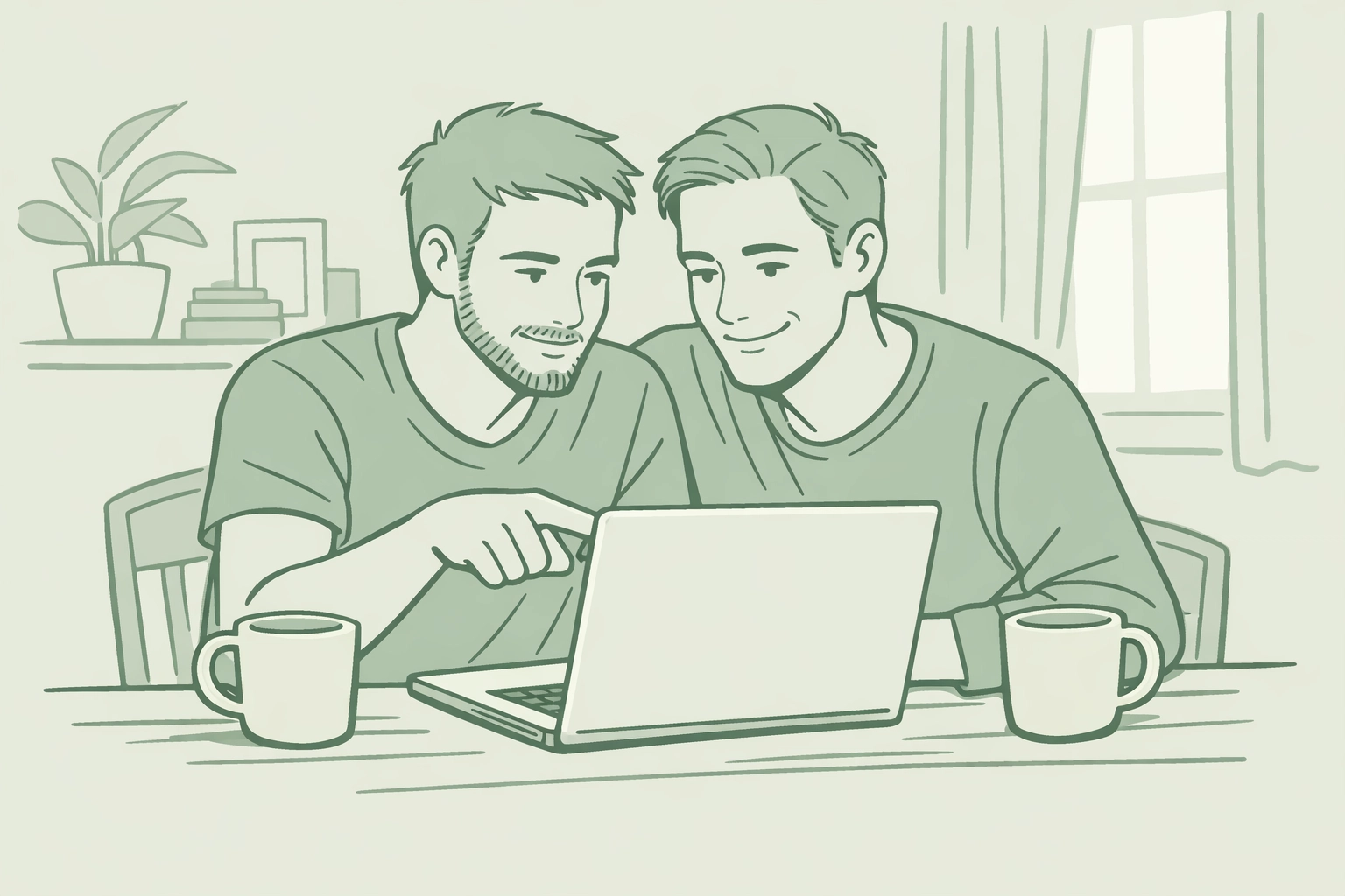 Two LGBTQ+ authors collaborating at laptop, building independent author-owned bookstore business together