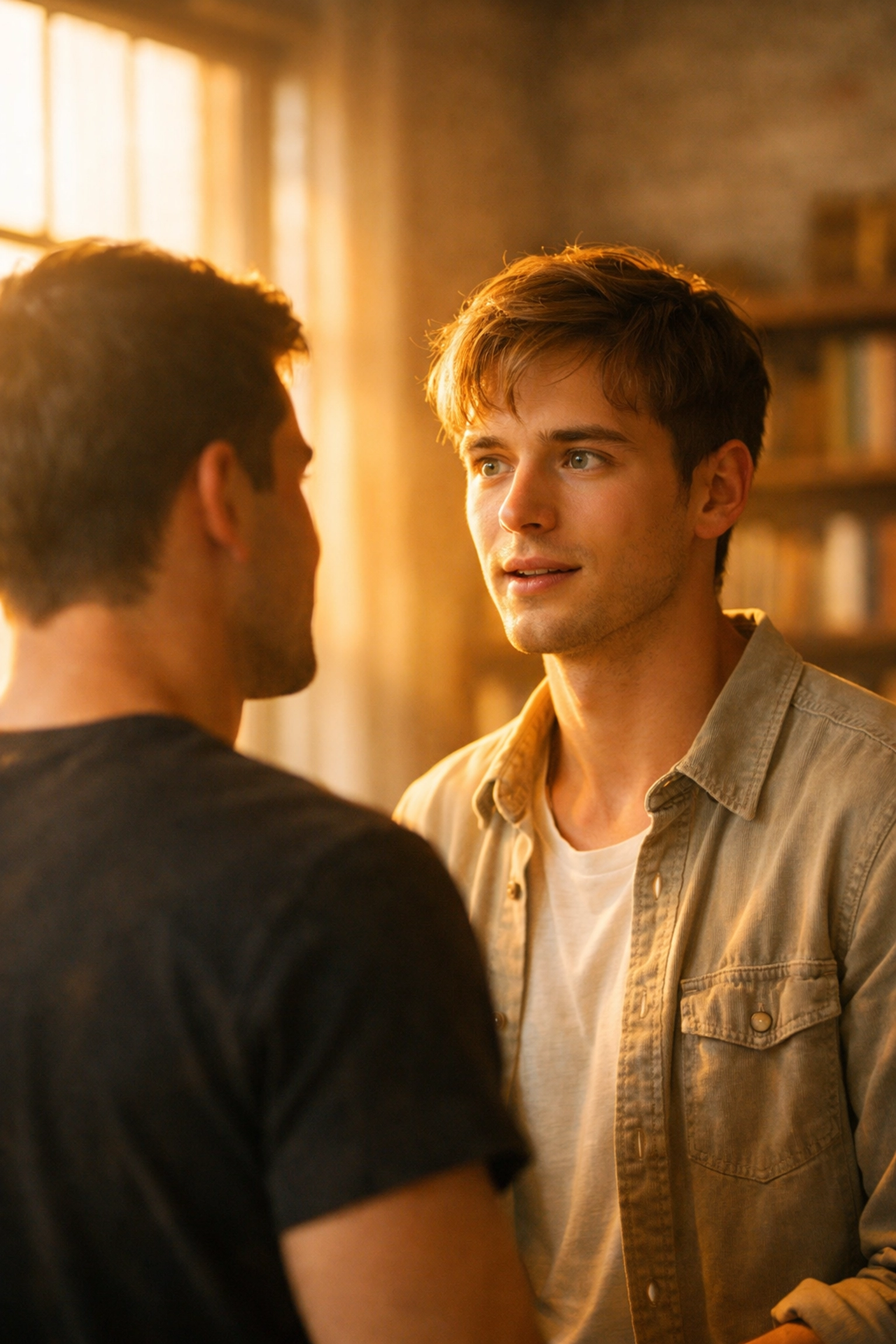 Two men in a loft sharing a moment of realization during a bi awakening in an MM romance novel.