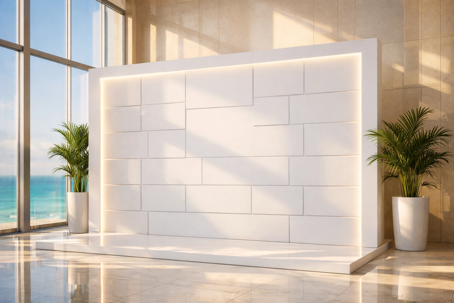 Minimalist corporate event activation space in a Miami skyscraper overlooking the ocean.