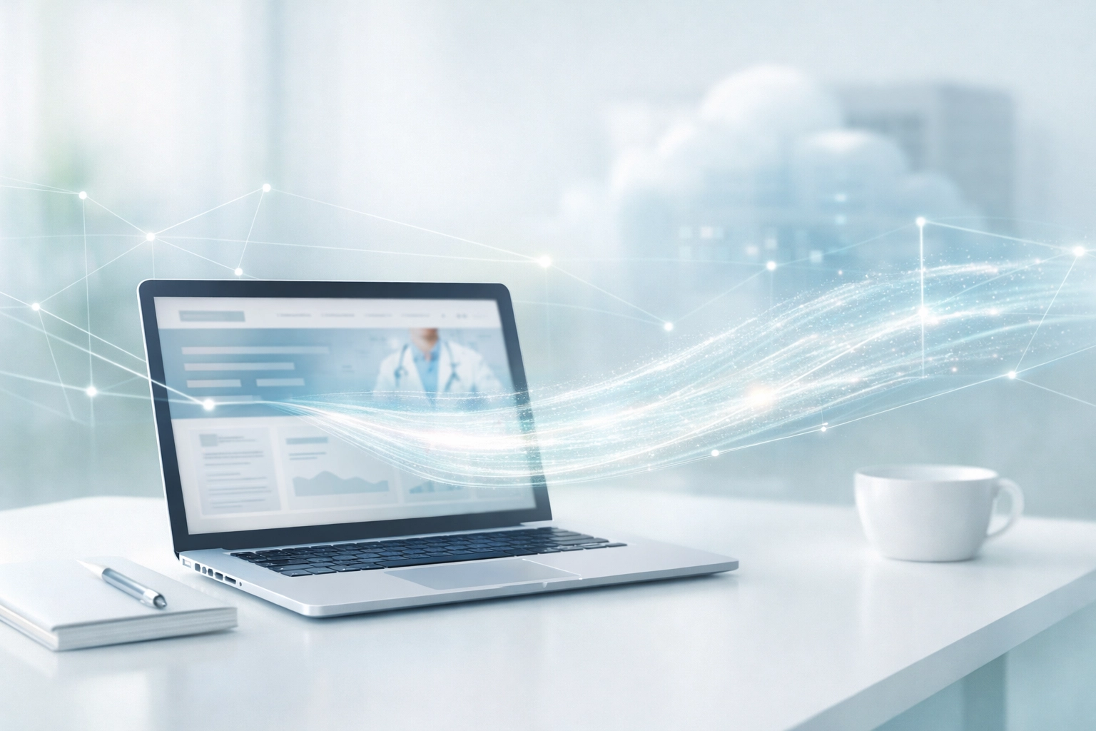 Visualizing a website tracking pixel and data flow to ensure HIPAA compliance in digital marketing.