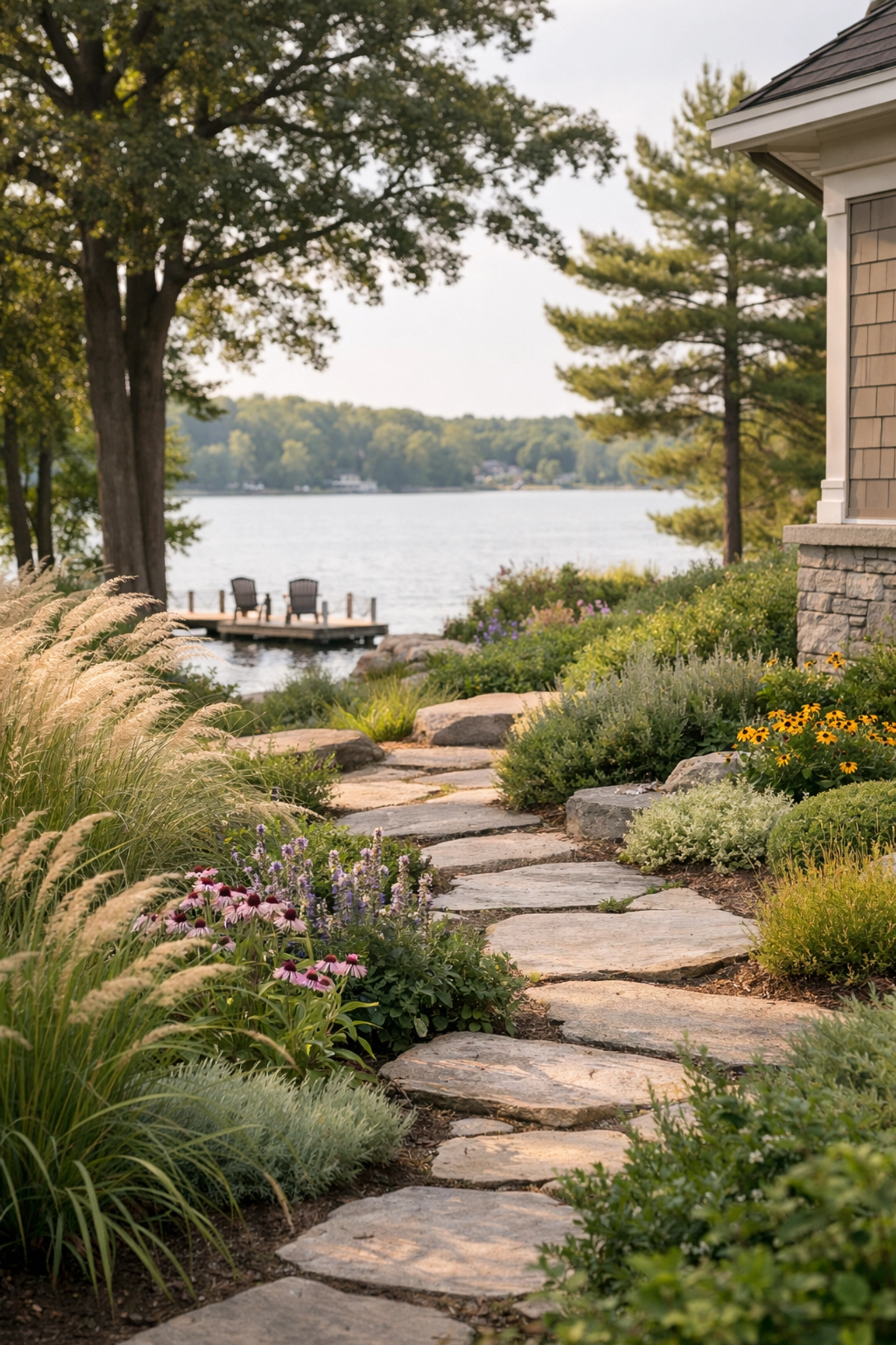 Native landscaping with stone pathways leading to Lake Murray waterfront custom home
