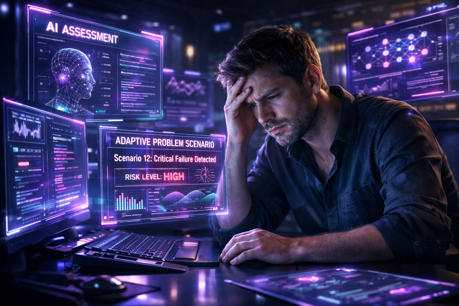 Professional facing real-world AI assessment evaluation at digital workstation