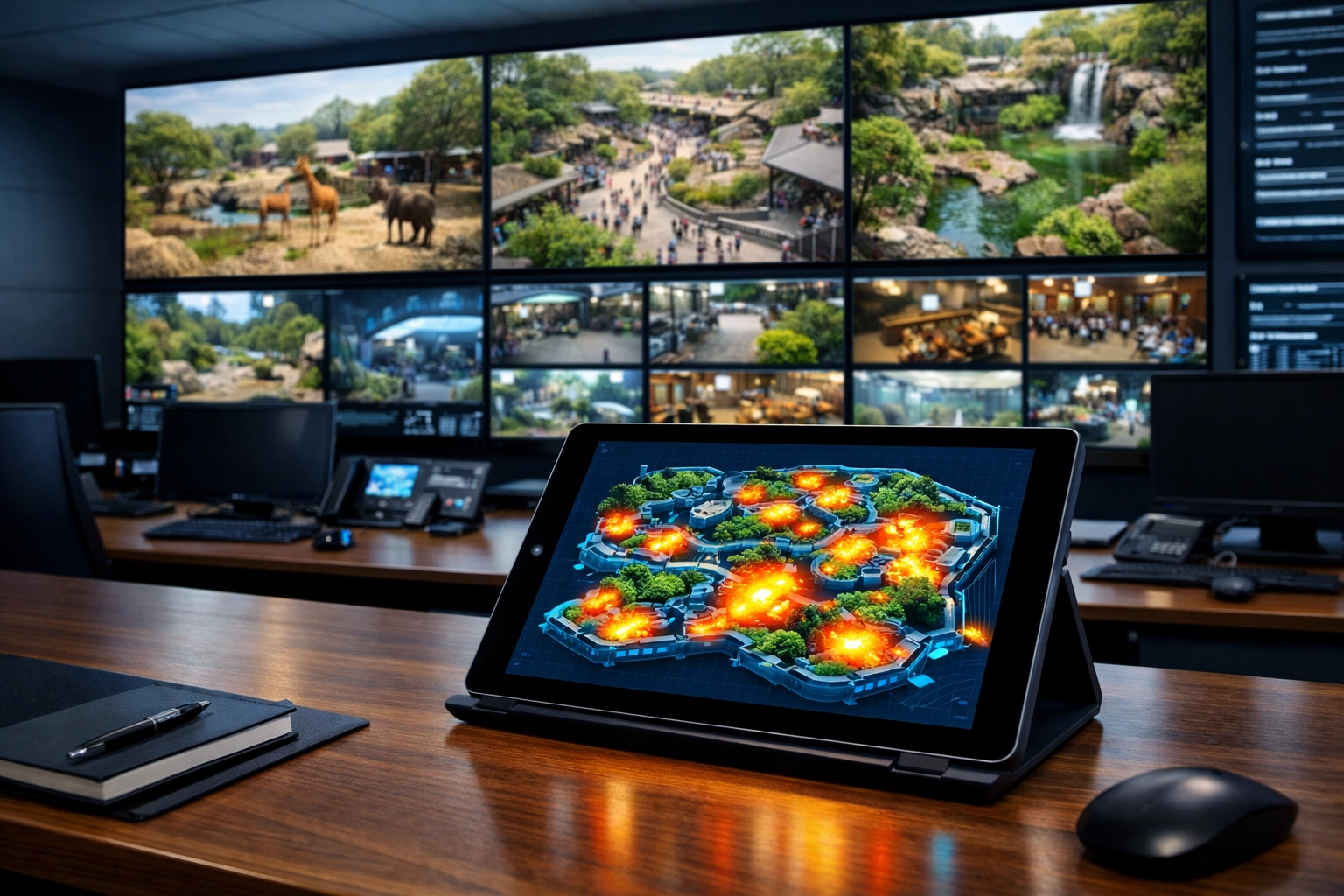 Zoo operations command center displaying real-time visitor heat maps to optimize crowd flow and staff efficiency.