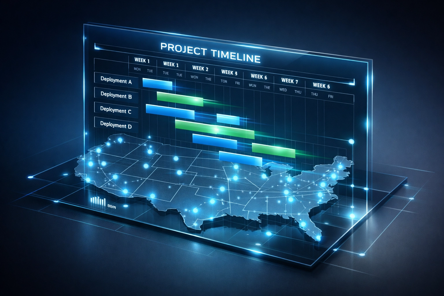 Nationwide IT project timeline showing multiple deployment sites across the United States