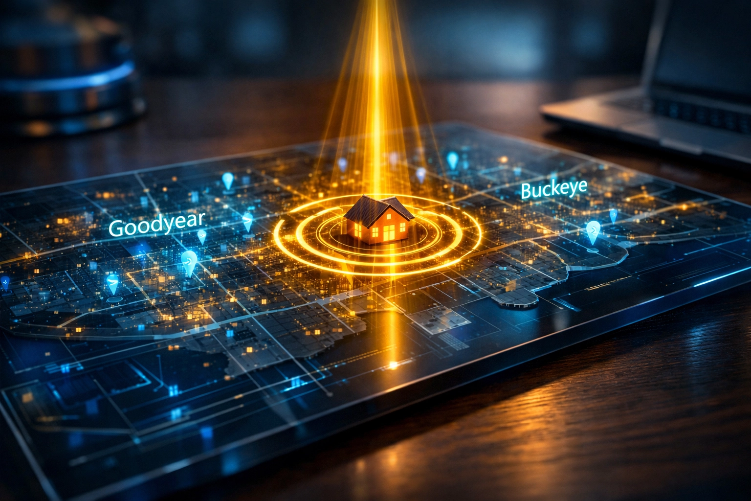 Holographic map of the Phoenix West Valley showing data-driven home sales with a precision AI marketing strategy.