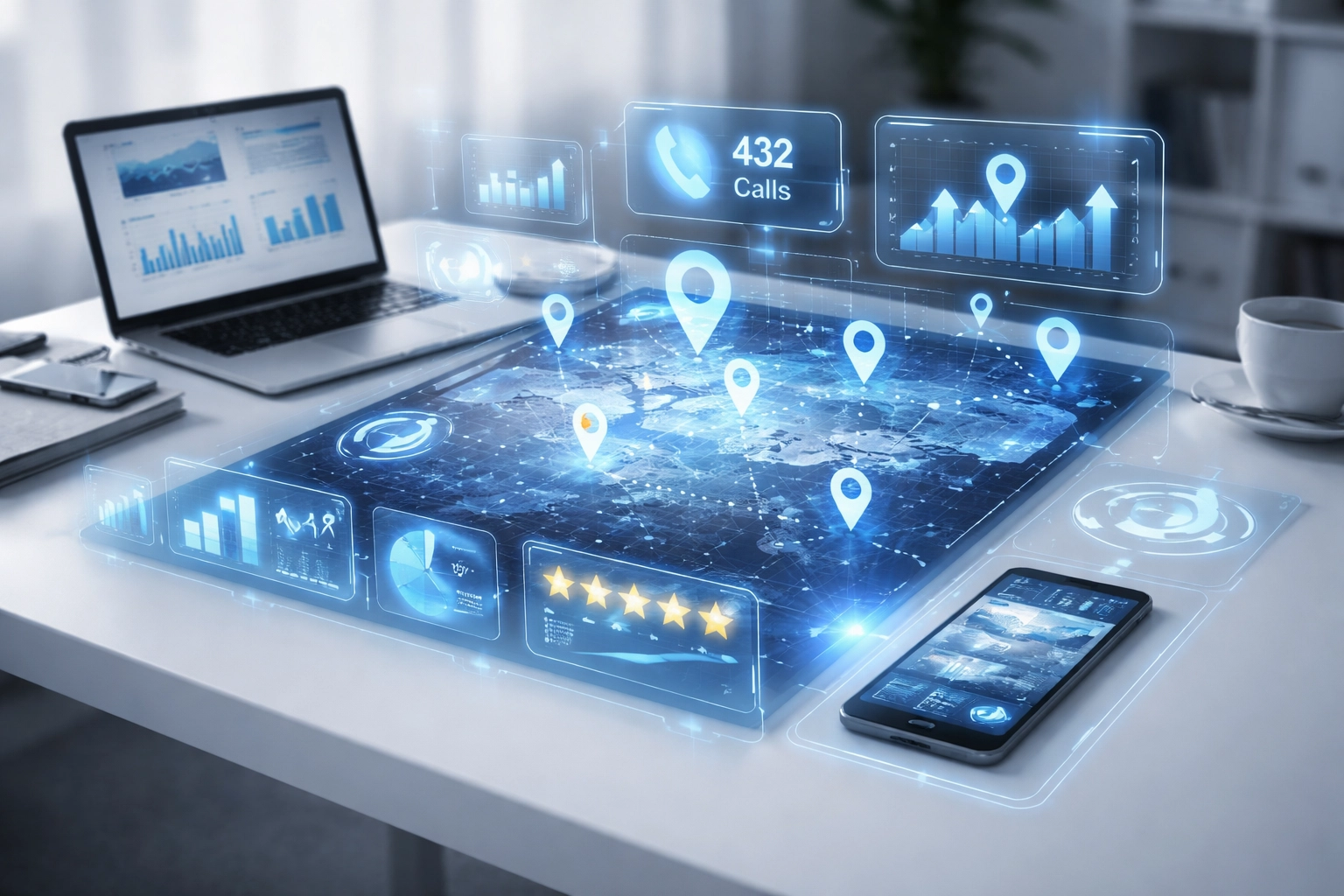 Aerial view of a business dashboard with call, map, and review icons, emphasizing modern SEO visibility and tracking success beyond clicks. Aerial view of a business dashboard with call, map, and review icons, emphasizing modern SEO visibility and tracking success beyond clicks.