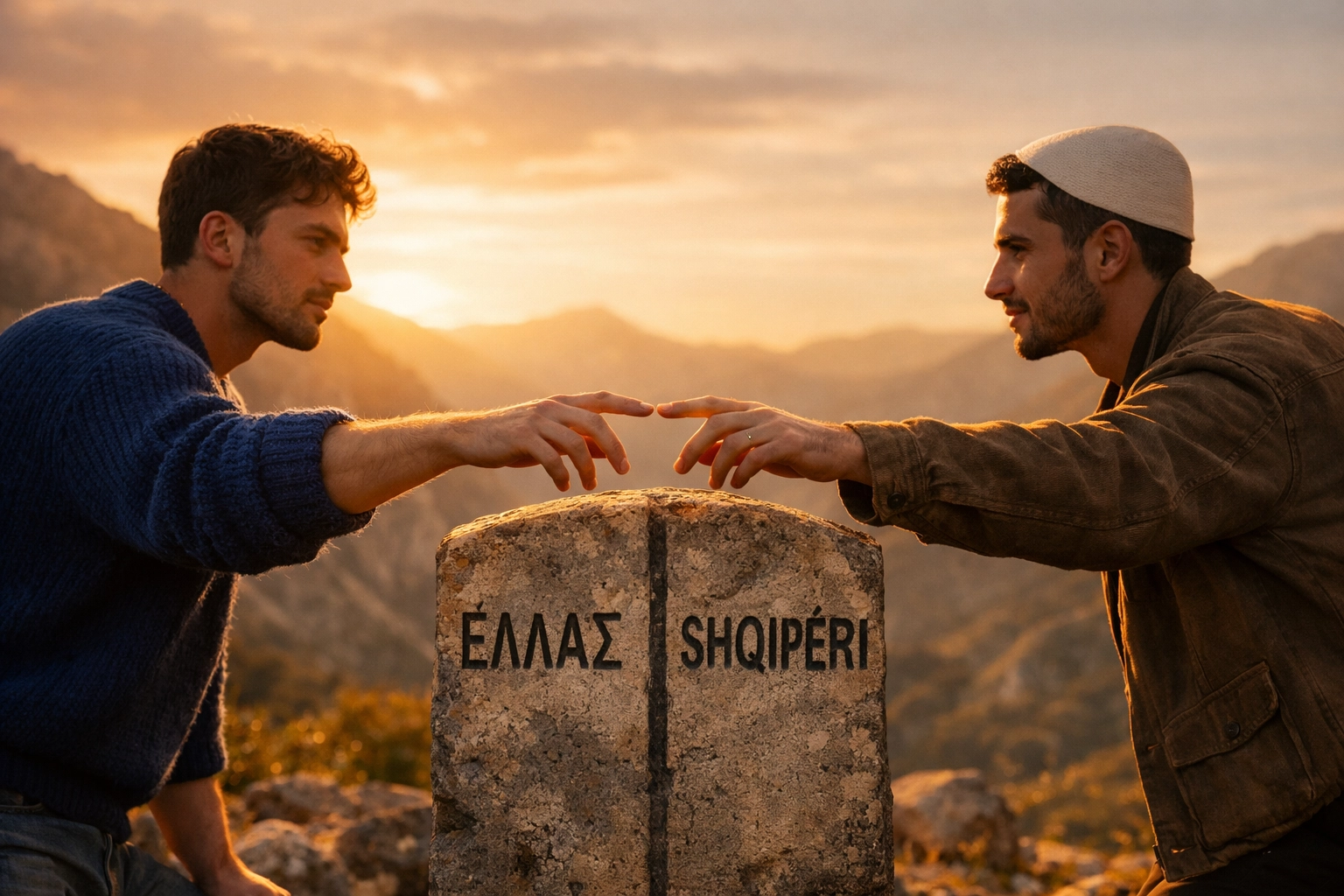 Two men reaching across the Greek-Albanian border in cross-border gay romance