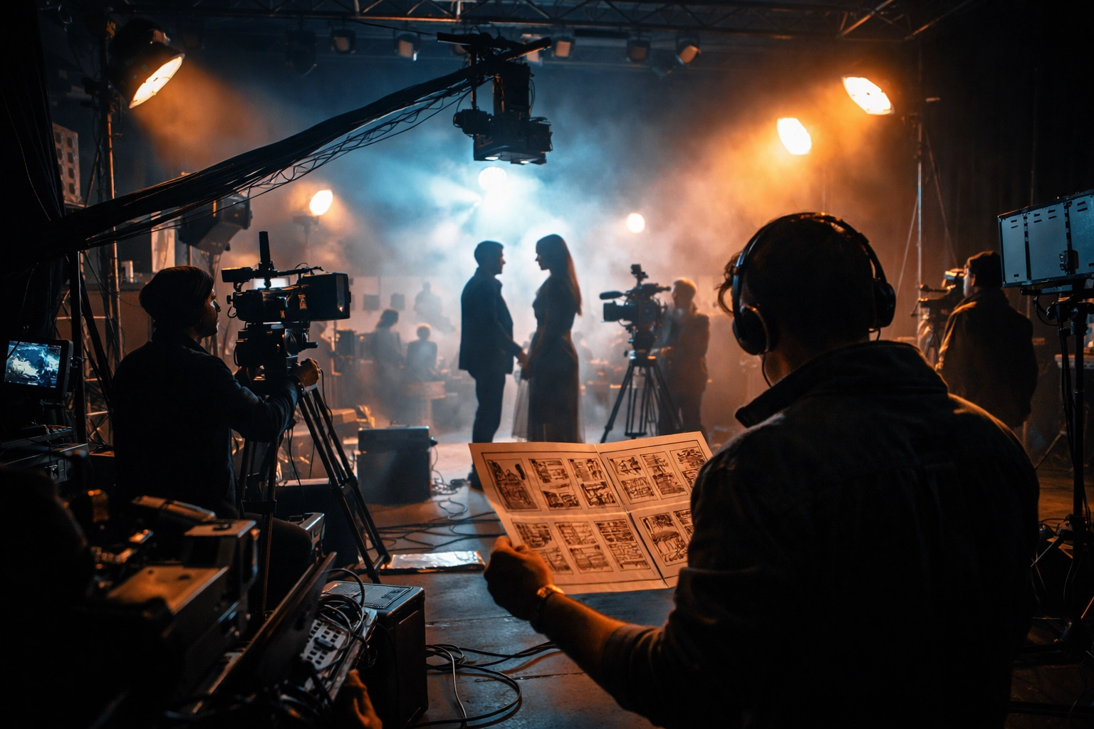 Professional video production set with crew and director planning multiple camera shots for various deliverables