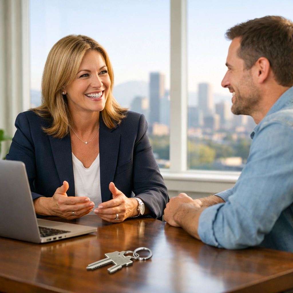 A professional Denver real estate agent and client discussing contract negotiations in a modern office.