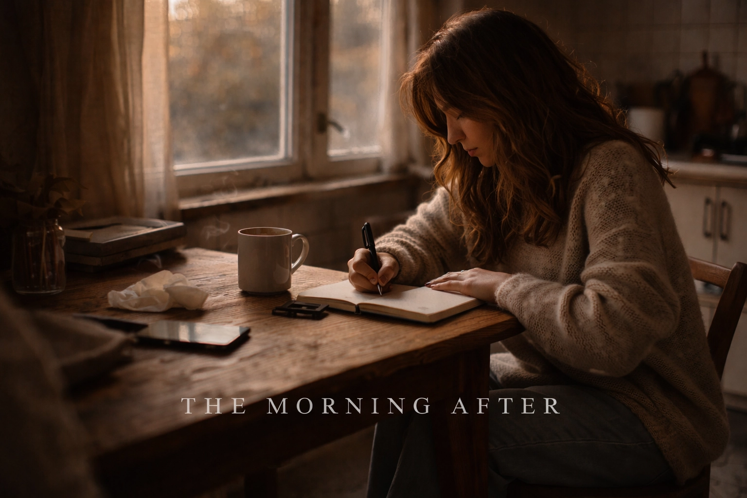 High-quality, realistic photography of a grounded morning kitchen journaling moment with tea, reflecting integration into real life High-quality, realistic photography of a grounded morning kitchen journaling moment with tea, reflecting integration into real life