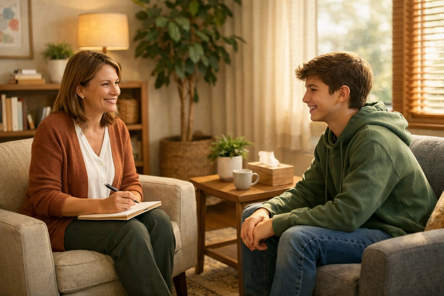 Mental health counseling session in a welcoming office as part of modern counseling services for teens.