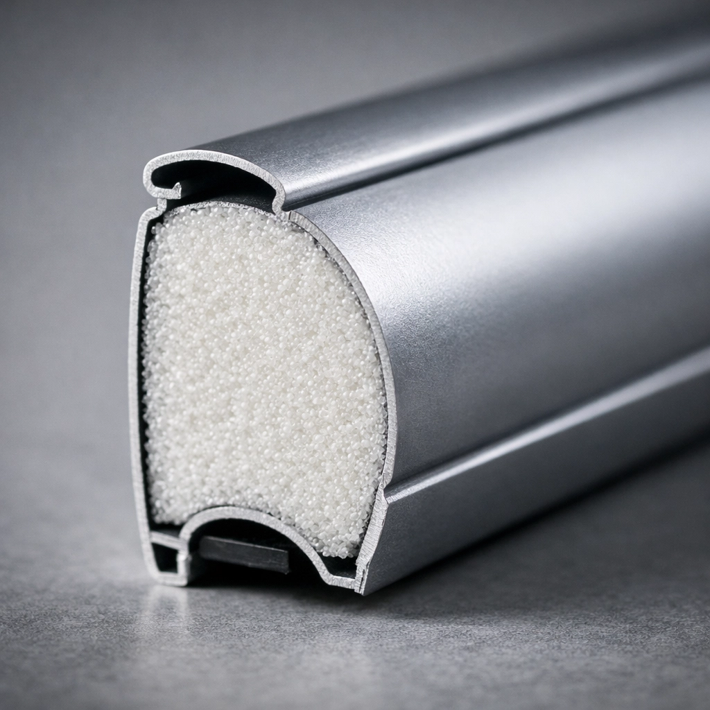 Nahaufnahme eines isolierten Aluminium-Rollladenprofils für optimalen Wärmeschutz in Wien.