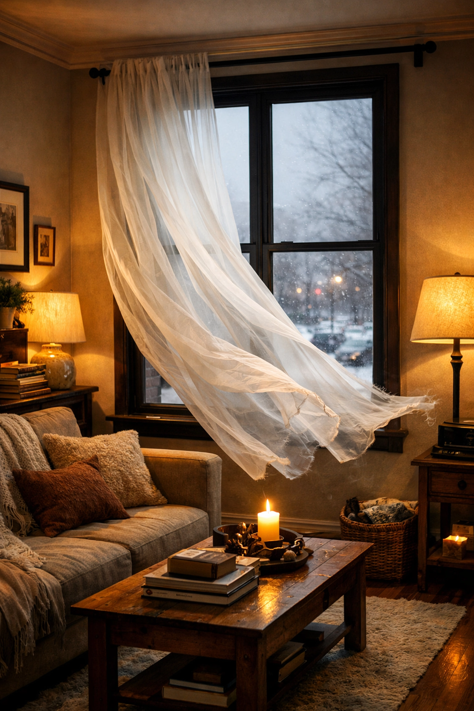 Curtain blowing from a drafty window in a Toronto home, indicating a need for window replacement.