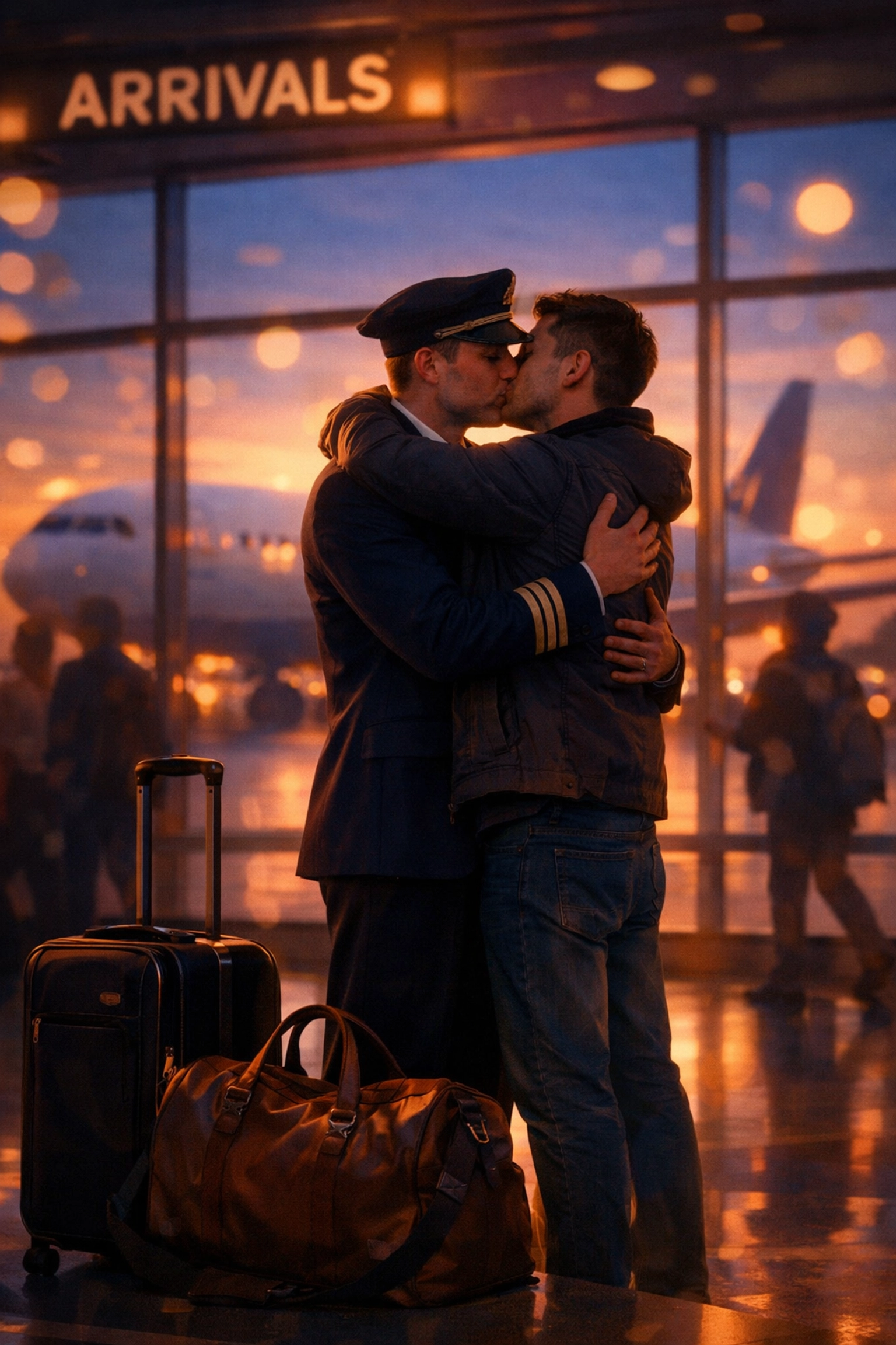 Gay pilot reuniting with partner at airport gate - MM romance pilot trope illustration