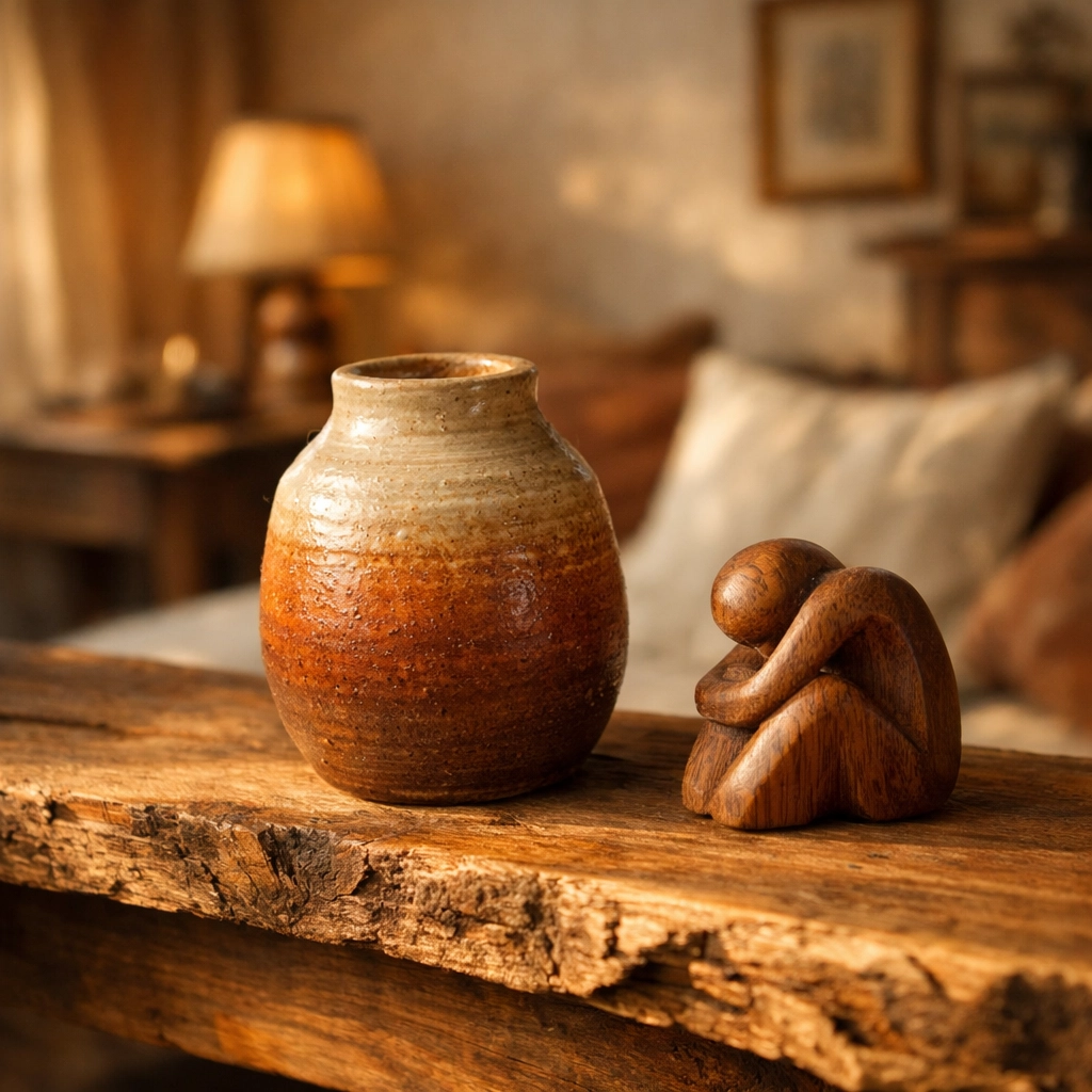 Unique hand-thrown ceramic vase and carved sculpture on a rustic wood shelf for home styling.