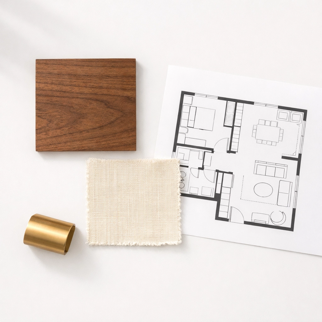 Modernize Methods interior design mood board with walnut wood and textile samples.