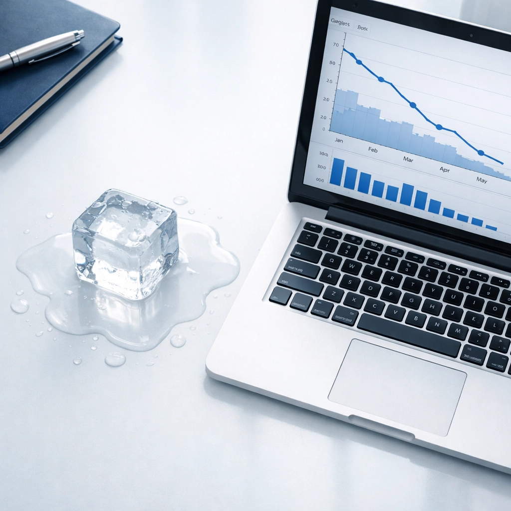 Melting ice cube next to laptop with declining analytics illustrating traditional SEO losing effectiveness