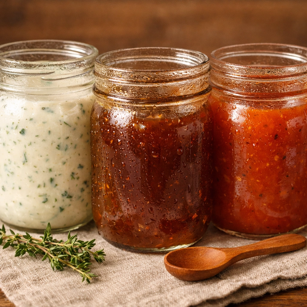 Homemade Southern sauces and dressings in mason jars for quick and flavorful weeknight meal planning.