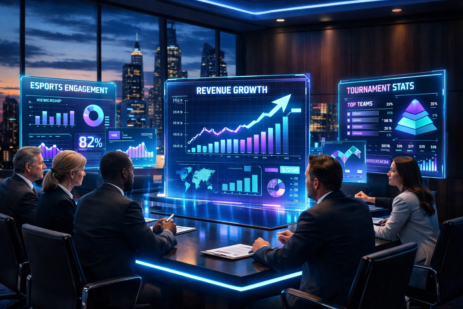 Fortune 5000 executives reviewing esports partnership analytics and revenue data