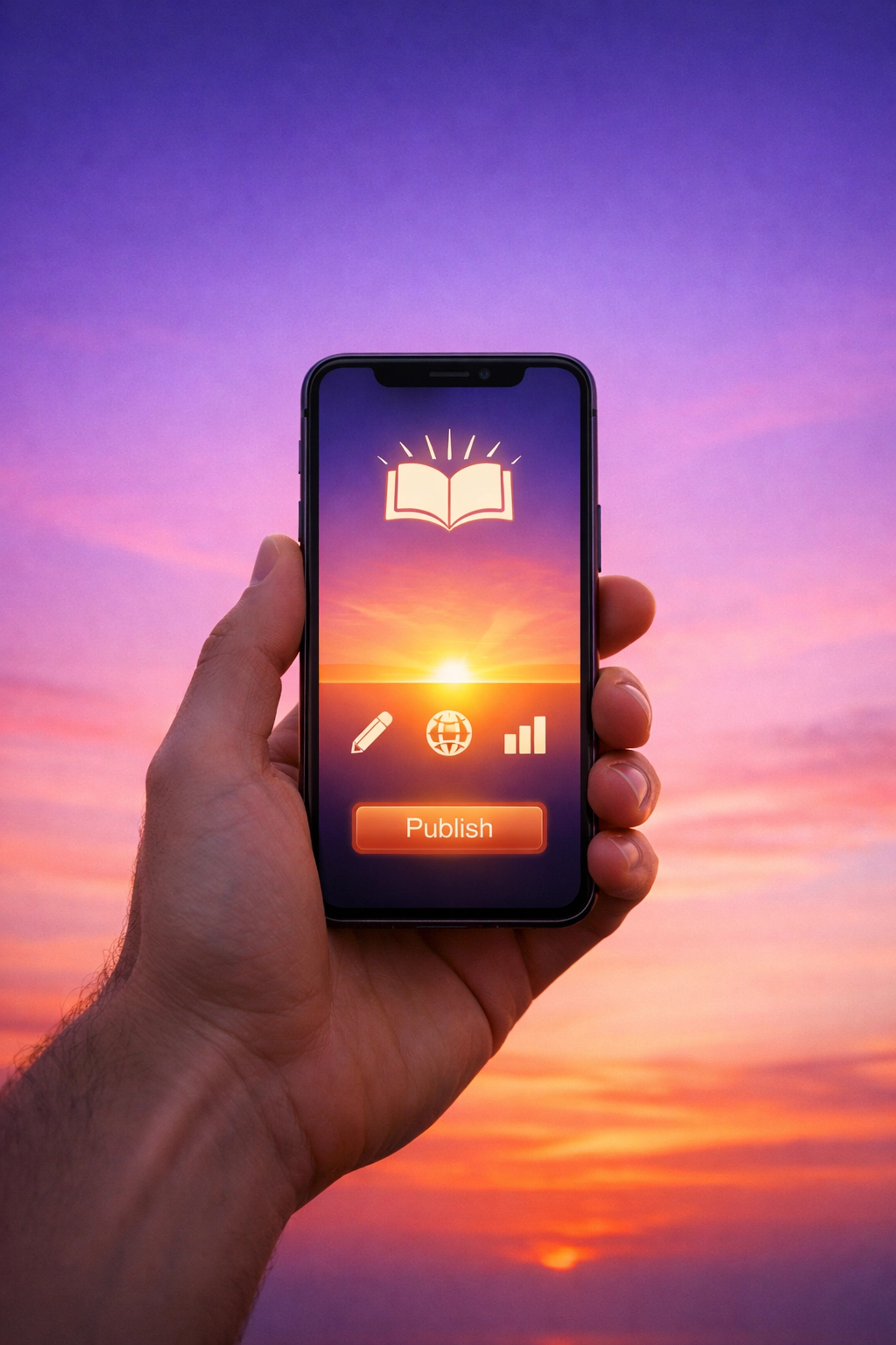 Smartphone showing a gay eBooks portal against a sunrise, symbolizing self-publishing in 2026.