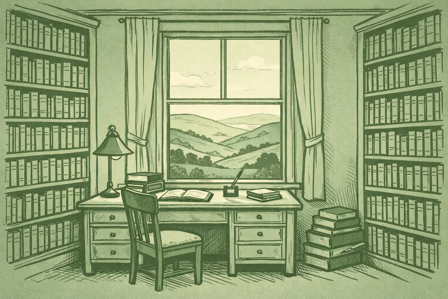 Welsh writer's library study with bookshelves representing Jan Morris's literary legacy