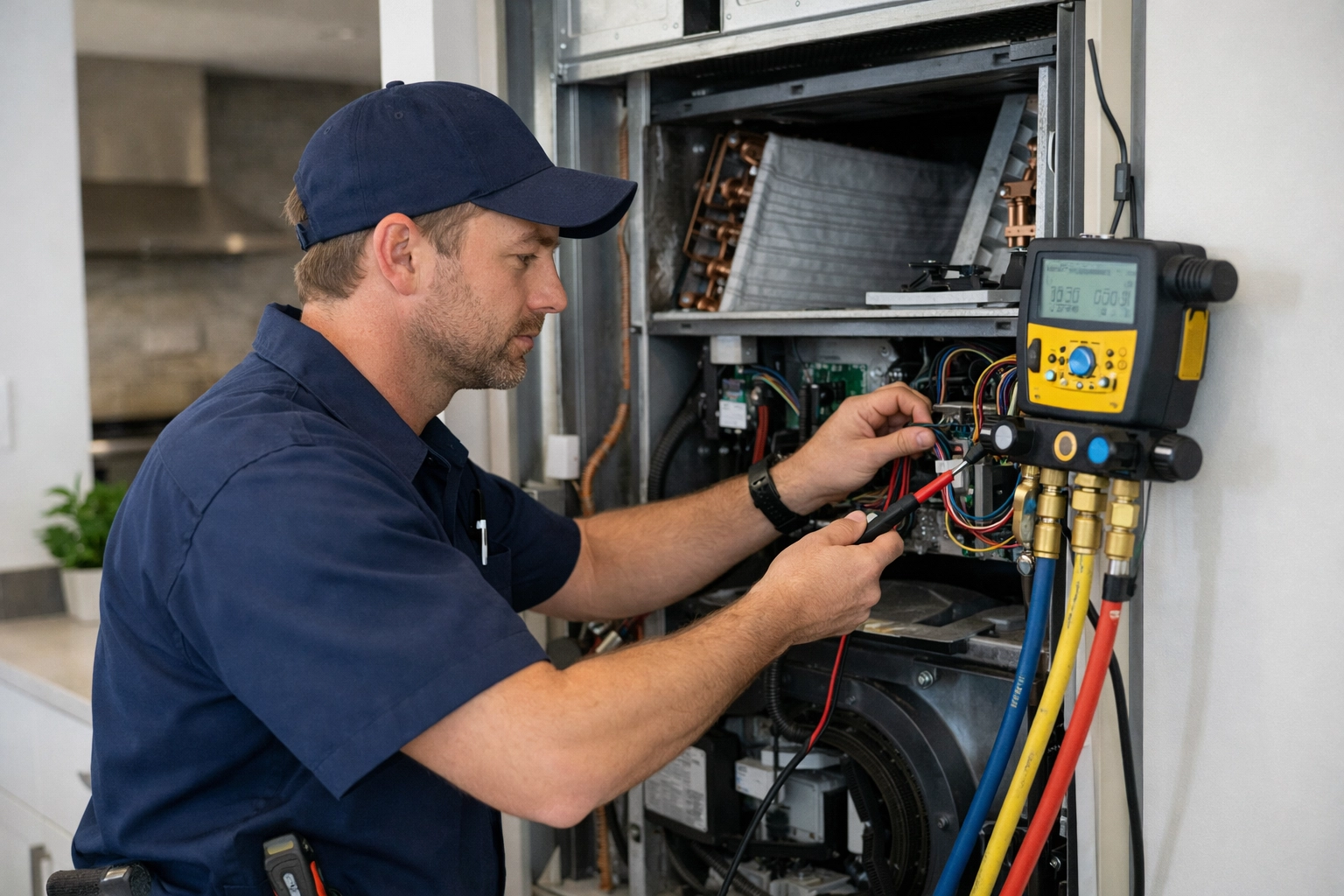 An HVAC technician servicing an indoor air handler in a modern residential home, using professional tools in natural light.