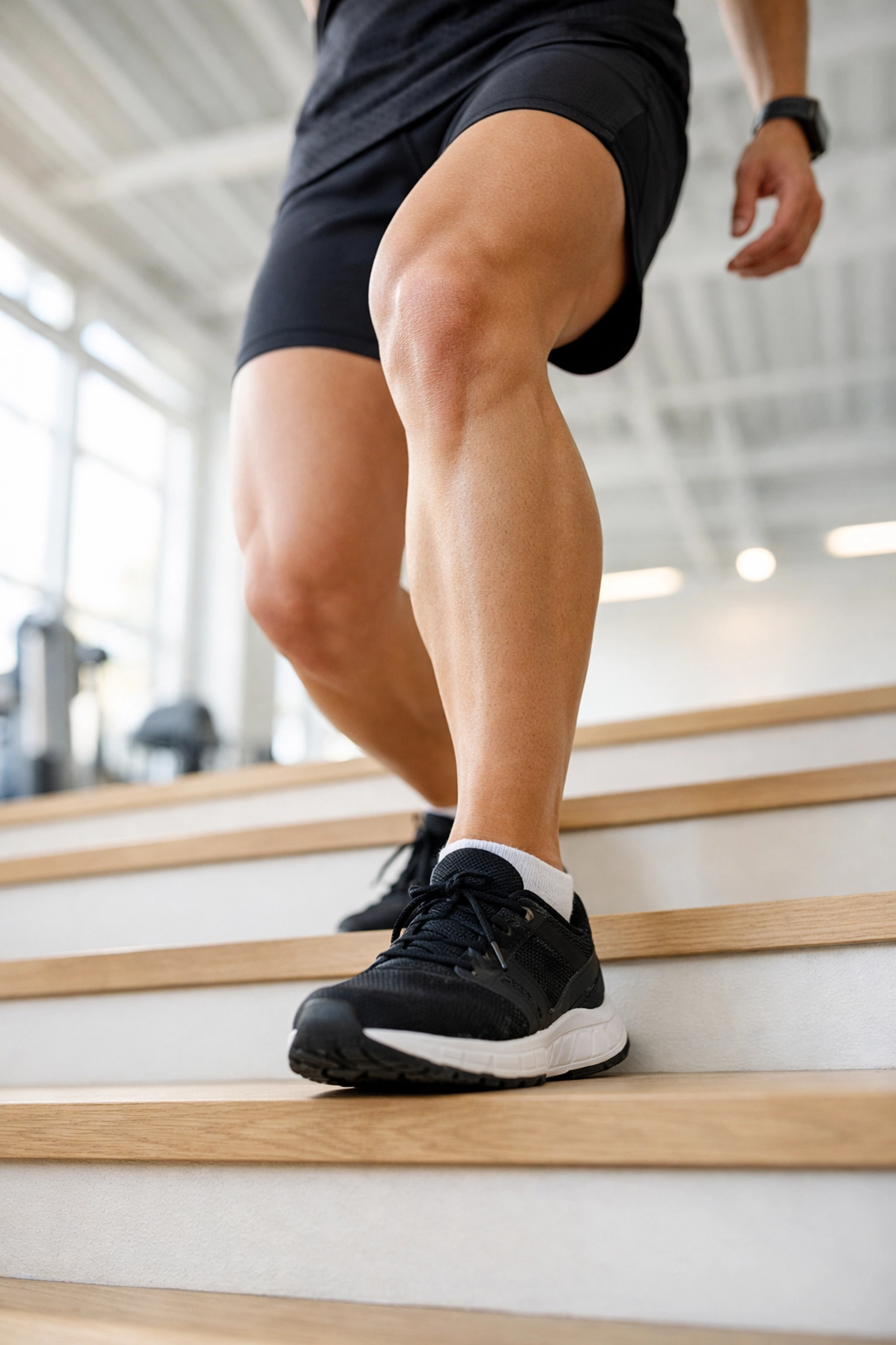 Close-up of an athlete’s knee stabilizing while descending stairs, illustrating joint instability issues.