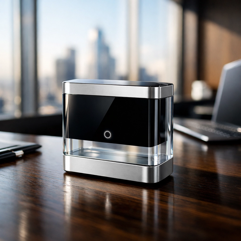 Minimalist tech product on an office desk showcasing product clarity in high-stakes branding strategies.