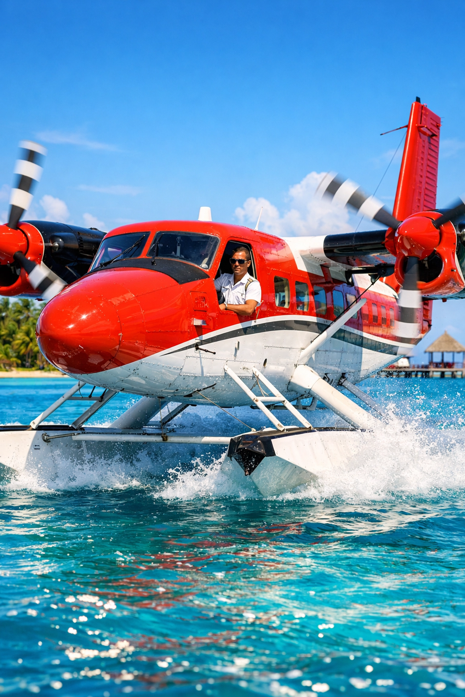 A seaplane on a tropical lagoon, representing luxury transfers included in Maldives all inclusive packages.