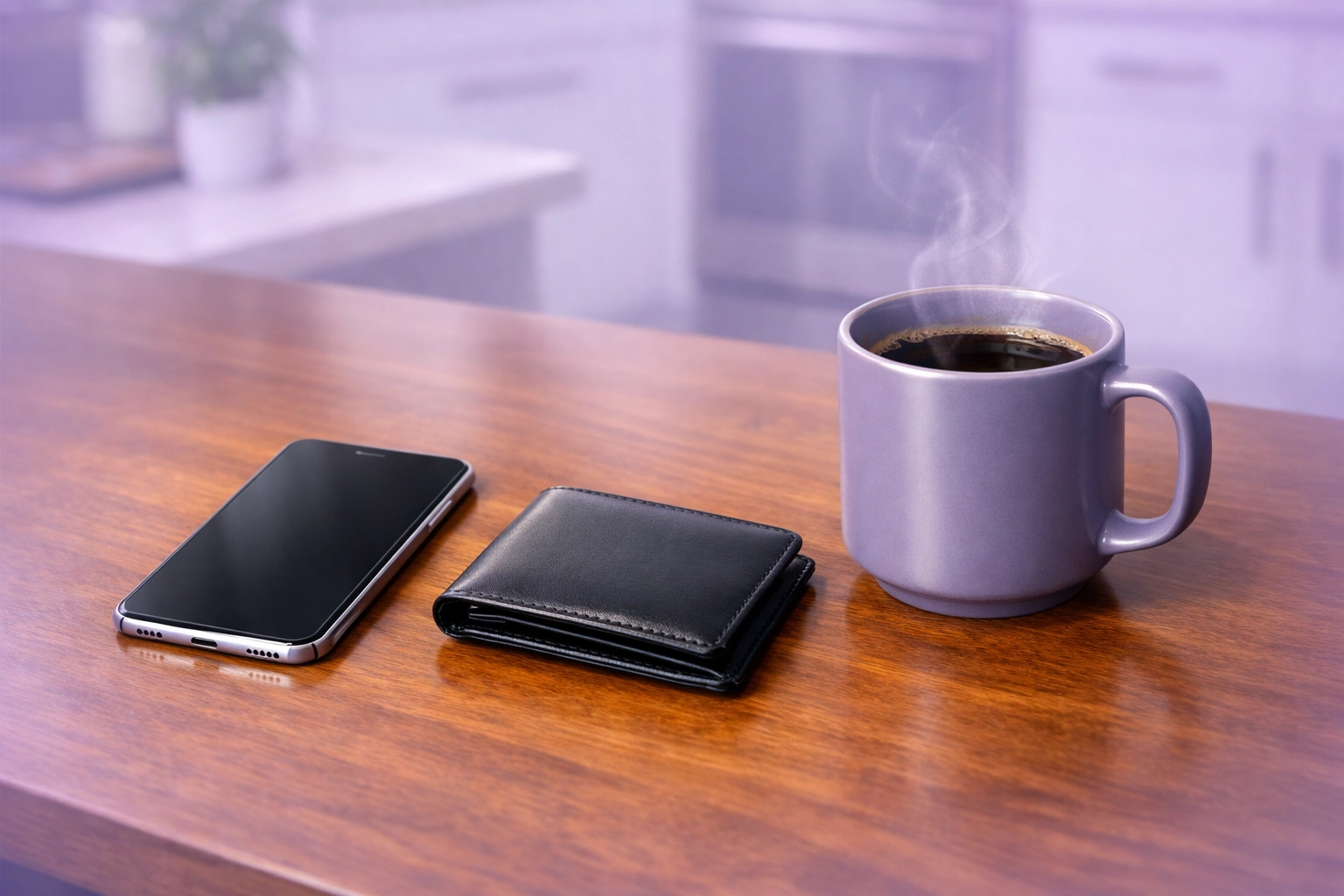 Smartphone and wallet on a modern kitchen table, ready for a fast online cash advance application.