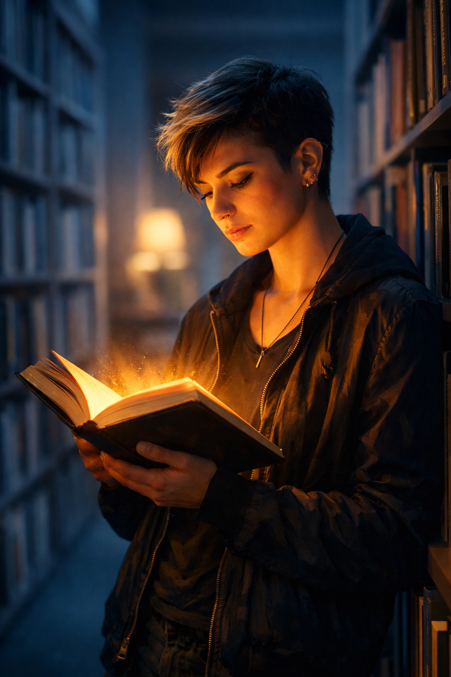 A non-binary person reading a glowing book in a library, symbolizing identity growth through literature.