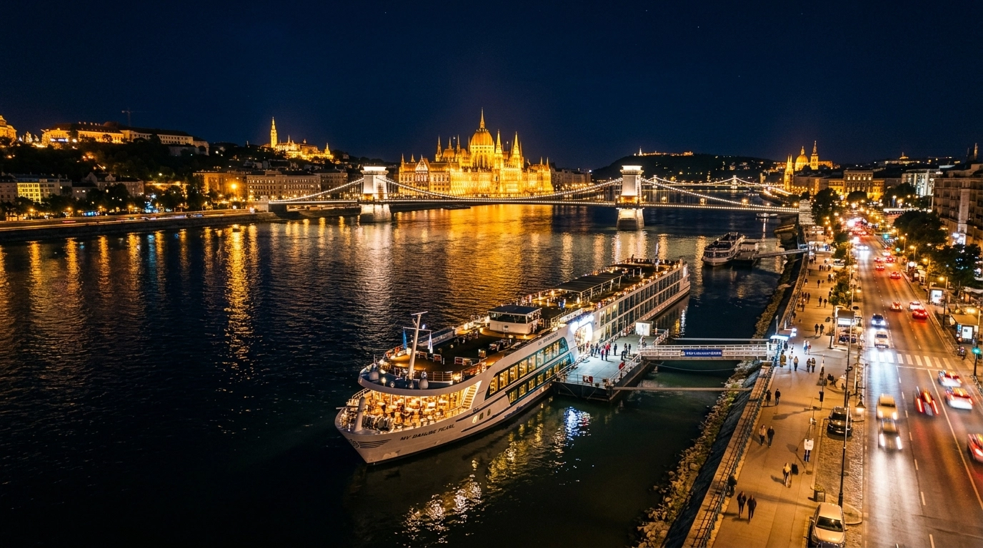 Aerial view of a river cruise ship docked in the heart of Budapest at night