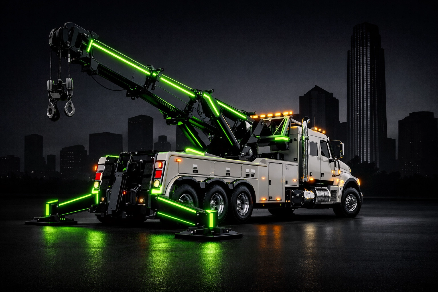 Heavy-duty rotator tow truck in front of the Houston skyline for specialized towing services.