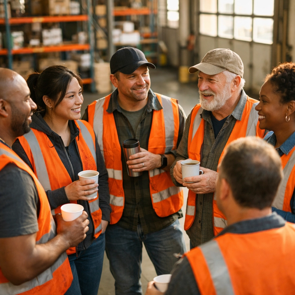 Indianapolis warehouse team gathered for morning communication huddle meeting