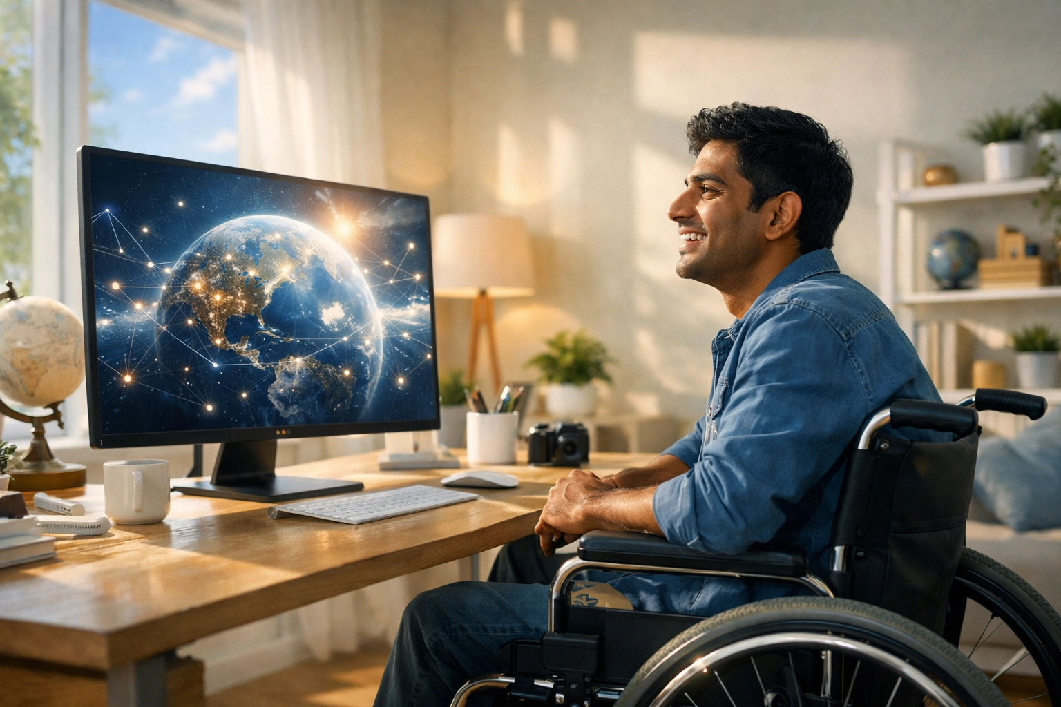 A man with a disability using online tools to grow in faith with Boundless Online Church.