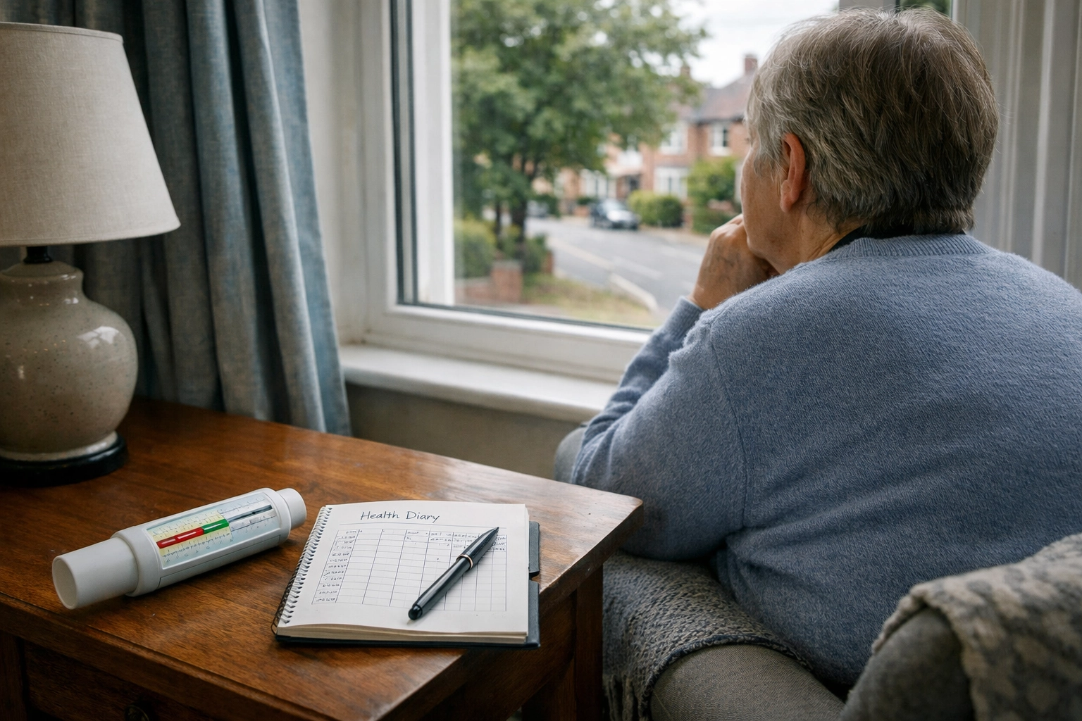 Patient at home with a peak flow meter and health diary for daily respiratory self-management.