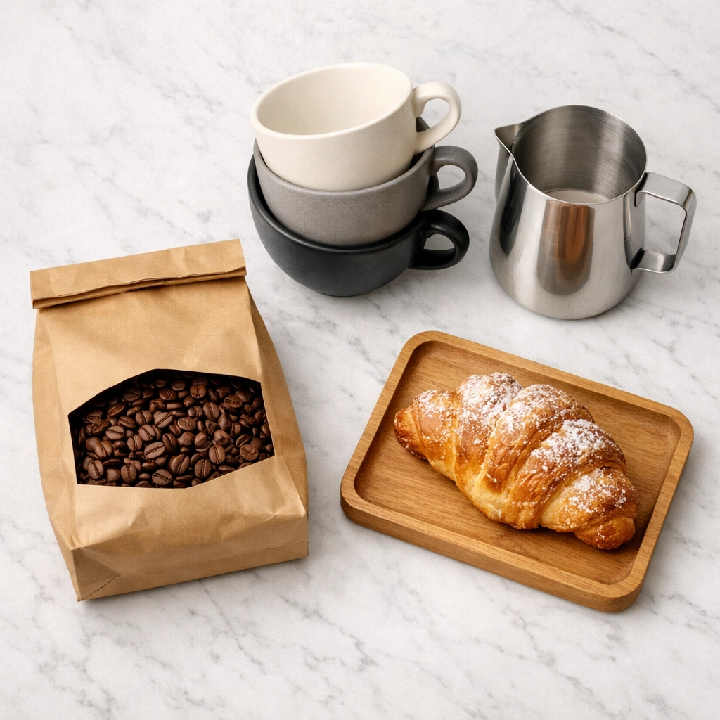 Professional wholesale coffee supplies including roasted beans and barista equipment for a cafe.