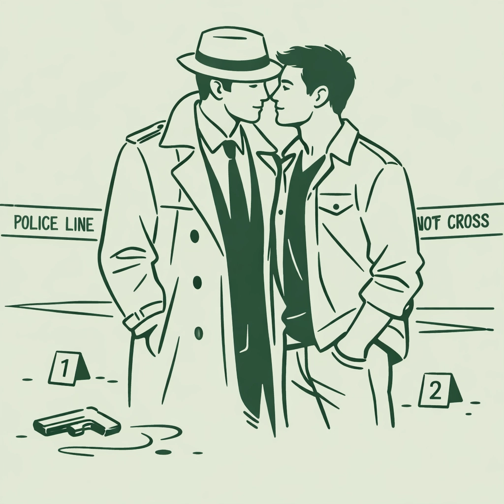 Two men at crime scene investigation - gay thriller romance with detective elements