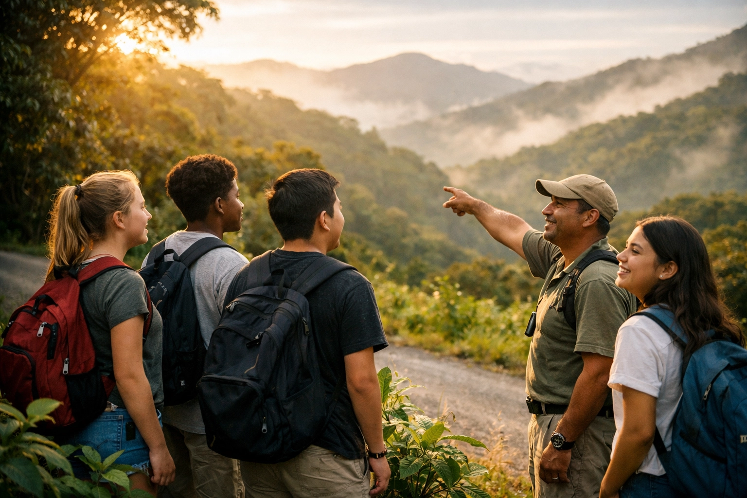 High school students arriving for a school trip to Costa Rica with a guide at the cloud forest edge.