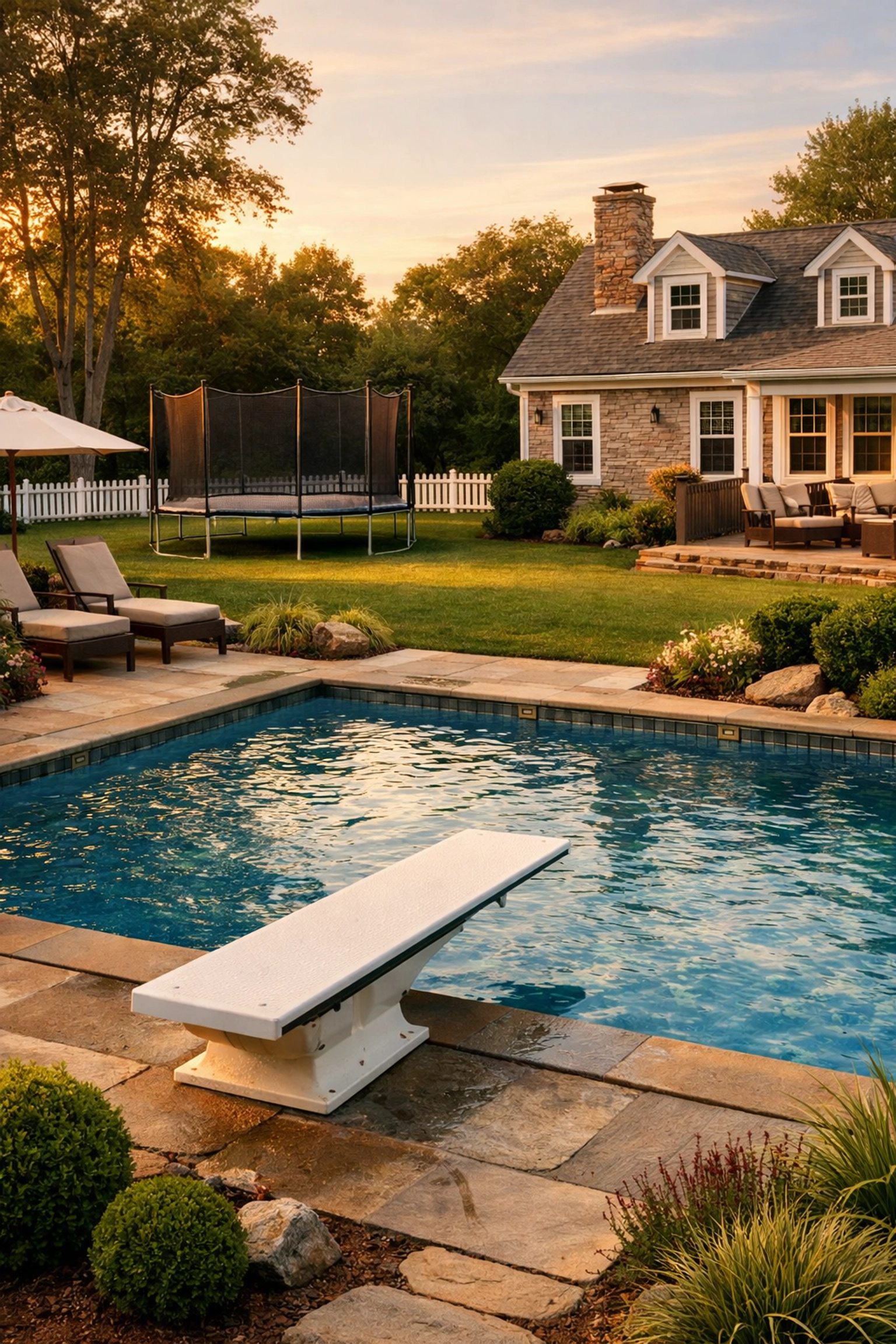 Cape Cod backyard with swimming pool and trampoline illustrating high-risk liability features
